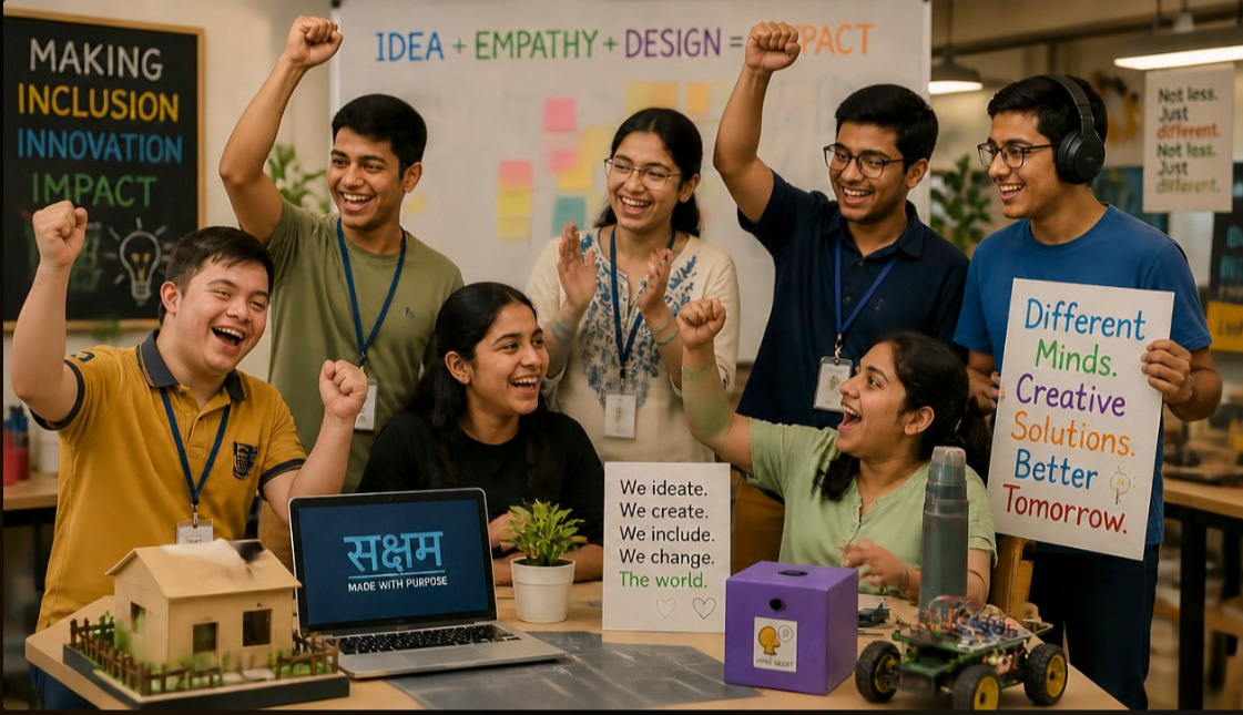 A joyful team of neurodivergent makers cheering around a workbench of projects, holding a sign reading Different Minds. Creative Solutions. Better Tomorrow.