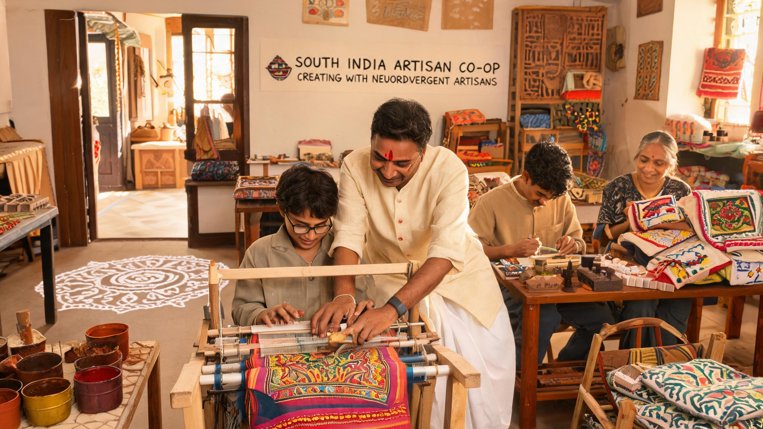 An artisan guides a young weaver at the South India Artisan Co-op, with neurodivergent makers crafting colourful textiles nearby in warm natural light.