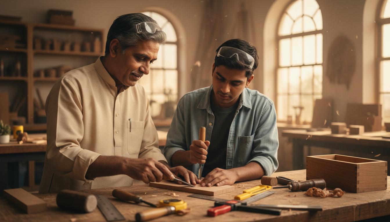 A mentor guiding a young neurodivergent maker through a woodworking project at a sunlit workbench.